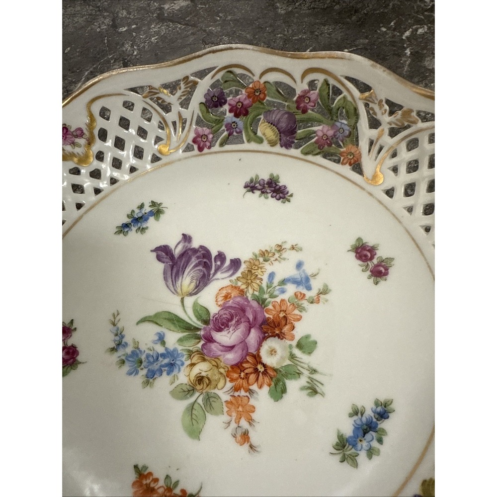 SCHUMANN Bavarian Floral Gold Trim Reticulated Bowl 7 3/4 X 2 1/2 - Picture 2 of 7